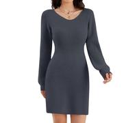 ZLIGXEA Frauen Strickkleid Winter V-Ausschnitt Langarm Elegant Bodycon Strickpullover Winterkleid für Freizeitbekleidung Cocktail Partys Grau L