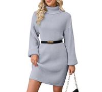 ZLIGXEA langärmeliges Kleid Bodycon Kleid kurzes Strickkleid Rollkragen süße Outfits Winterkleid Grau S