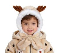 ZLLkeji Baby wintermütze 2-in-1 mütze und schal Set Kinder Kuschelweiche Schlupfmütze mit Hirsch Ohren Weiches Fleecefutter Warm Winddicht für Baby & Kleinkind 0-4 Jahre Khaki