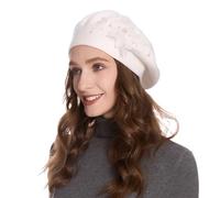 ZLYC Damen-Barettmütze, wendbar, einfarbig, Kaschmir-Mosaik, warme Baskenmütze, Blumenanhänger weiß, Einheitsgröße