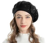 ZLYC Damen-Barettmütze, wendbar, einfarbig, Kaschmir-Mosaik, warme Baskenmütze für Mädchen, Bead Flower Schwarz, Einheitsgröße