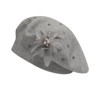 ZLYC Damen-Barettmütze, wendbar, einfarbig, Kaschmir-Mosaik, warme Baskenmütze für Mädchen, Perlen-Blumen-Grau, Einheitsgröße