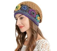 ZLYC Damen Sommer Strickmützen Handgemacht Häkelmütze Slouch Beanie Mütze | Baumwolle Blumenmuster Retro Beanie,leichte atmungsaktive Mütze für Frühling,Sommer,Herbst