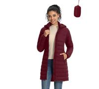 ZMC Packbarer Damen-Puffermantel, leicht, wasserabweisend, Pufferjacke, abnehmbare Kapuze, schmale Passform, Wintermantel für Damen, Weinrot, Large
