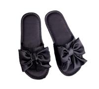 ZNEL Flache Damen Hausschuhe Aus Satin Mit Offene Zehen Und Schleife Memory Foam Pantoletten Rutschfeste Sohle Hochzeits-Hausschuhe (38/39 EU, Black)