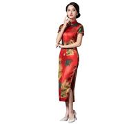 ZNLFS Cheongsam Traditionelles chinesisches Damenkleid, Seitenschlitz, schmale Passform, Midi-Kleid, Mandarinenkragen, kurze Ärmel, Qipao, rot, 46