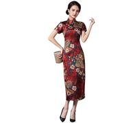 ZNLFS Cheongsam Traditionelles chinesisches Damenkleid, Seitenschlitz, schmale Passform, Midi-Kleid, Mandarinenkragen, kurze Ärmel, Qipao, weinrot, 38
