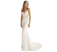 ZODJK Frauen Spitze Brautkleid, Lange Ärmel V-Ausschnitt Brautkleid, Hochzeit Kleid, Ivory 02, 36