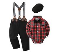 ZOEREA 4tlg Baby Jungen Kleidung Set Taufbekleidung Strampler mit Fliege + Hosenträge Baby Bekleidungssets Gentleman Anzug für Festliche Hochzeit Rot,3-6 Monate