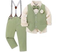 ZOEREA Baby Jungen Bekleidungsset Anzug Gentleman Festliche Taufe Hochzeit Langarm Kleid Hemd + Bowtie + Weste + Boutonniere + Hosenträge Hellgrün,18-24 Monate