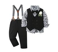 ZOEREA Baby Jungen Bekleidungsset Anzug Gentleman Festliche Taufe Hochzeit Langarm Kleid Hemd + Bowtie + Weste + Boutonniere + Hosenträge Schwarz,18-24 Monate