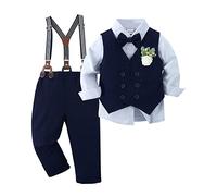 ZOEREA Baby Jungen Bekleidungsset Anzug Gentleman Festliche Taufe Hochzeit Langarm Kleid Hemd + Bowtie + Weste + Boutonniere + Hosenträge Blau,18-24 Monate