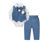 ZOEREA Baby Jungen Gentleman Anzug, Kleinkind Hochzeit Taufe Festliche Langarm Strampler Hemd + Fliege + Weste + Korsage + Hosenträge Blau, 0-3 Monate