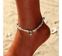 Zoestar Boho-Fußkettchen, SIlber, mit Türkis, Seestern, Muschel-Perlen, Armband, Fußschmuck für Damen und Mädchen