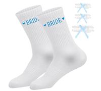 ZoeWei Brautgeschenk Hochzeit, 4 Stück Blaue Weiße Brautsocken Weisses Strumpfband Spitzenärmel mit Schleife und Elastischer Spitze Hochzeitssocken Gastgeschenke für Braut Etwas Blaues Brautparty
