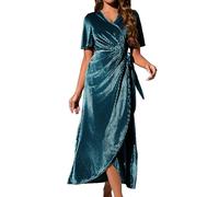 Zoifada Damen Samtkleid V-Ausschnitt Wickelkleid mit Gürtel und Volantärmeln, Elegantes Langkleid für Weihnachten, Silvester und Festliche Anlässe