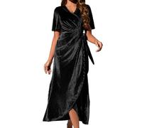 Zoifada Damen Samtkleid V-Ausschnitt Wickelkleid mit Gürtel und Volantärmeln, Elegantes Langkleid für Weihnachten, Silvester und Festliche Anlässe