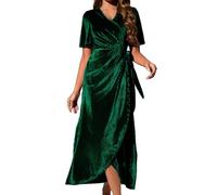 Zoifada Damen Samtkleid V-Ausschnitt Wickelkleid mit Gürtel und Volantärmeln, Elegantes Langkleid für Weihnachten, Silvester und Festliche Anlässe