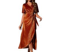 Zoifada Damen Samtkleid V-Ausschnitt Wickelkleid mit Gürtel und Volantärmeln, Elegantes Langkleid für Weihnachten, Silvester und Festliche Anlässe