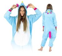 ZOLTA Jumpsuit Onesie für Damen und Herren - Sanft Kuschelig Unisex Pyjama - Warme Schlafanzug - Karneval Kostüm Damen oder Herren - Beliebte und Lustige Einhorn Motiv - Größe - Blue/Pink Pegasus - L