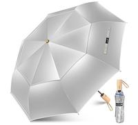 ZOMAKE Sonnenschirm Tragbar UV Schutz,Regenschirm Kompakt Automatik Mit Doppelter Abdeckung,Taschenschirm Sturmfest Mit Holzgriff für Herren Damen(Silber Marineblau-Doppelt)