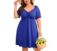 ZOMVA 2024 Plus Size Sommerkleid mit Schnürung vorne, Herzausschnitt, Puffärmel, Swing, A-Linie, Midi-Kleid, lässiges Babydoll-Kleid, Königsblau, 4XL