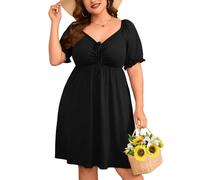 ZOMVA 2024 Plus Size Sommerkleid mit Schnürung vorne, Herzausschnitt, Puffärmel, Swing, A-Linie, Midi-Kleid, lässiges Babydoll-Kleid, Schwarz, 4XL