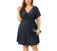 ZOMVA 2024 Übergröße 1X-4X Glitzer-Wickelkleid V-Ausschnitt A-Linie Minikleid Langarm Sparkle Pailletten Sexy Kleid Cocktail Party, Marineblau, Kurze Rüschen, XXX-Large Mehr