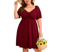 ZOMVA 2025 Kleid in Übergröße für kurvige Frauen, Schnürung vorne, Herzausschnitt, Puffärmel, Swing, A-Linie, Midi, 1. Burgunderrot, XXX-Large Mehr