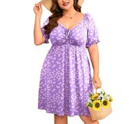 ZOMVA 2025 Kleid in Übergröße für kurvige Frauen, Schnürung vorne, Herzausschnitt, Puffärmel, Swing, A-Linie, Midi, 1.Z Floral-5, 4XL