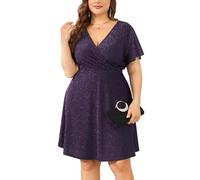 ZOMVA 2025 Plus Size 0X-4X Glitzer-Wickelkleid mit V-Ausschnitt, A-Linie, Minikleid, glitzernde Pailletten, sexy Kleider, Cocktail-Party, Club, 1. Rüschen, kurze Ärmel, Violett, 4XL