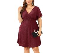 ZOMVA 2025 Plus Size 0X-4X Glitzer-Wickelkleid mit V-Ausschnitt, A-Linie, Minikleid, glitzernde Pailletten, sexy Kleider, Cocktail-Party, Club, 1. Rüschen, Kurze Ärmel, Burgunderrot, X-Large Mehr