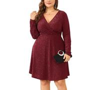 ZOMVA 2025 Plus Size 0X-4X Glitzer-Wickelkleid mit V-Ausschnitt, A-Linie, Minikleid, glitzernde Pailletten, sexy Kleider, Cocktail-Party, Club, 2. Langarm, Burgunderrot, XX-Large Mehr