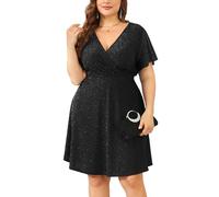 ZOMVA 2025 Plus Size 0X-4X Glitzer-Wickelkleid mit V-Ausschnitt, A-Linie, Minikleid, glitzernde Pailletten, sexy Kleider, Cocktail-Party, Club, 1. Rüschen, kurze Ärmel, Schwarz, Large Mehr