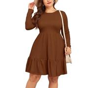 ZOMVA Winer 2024 Winer Damen-Kleid, gerippt, langärmelig, Rundhalsausschnitt, A-Linie, kurzer Rüschensaum, Pulloverkleider, Braun, 4XL