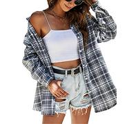 Zontroldy Damen Flanell Plaid Shirts Oversized Lightweight Buffalo Plaid Button Down Shirt Bluse Tops, 01 Hellgrau, X-Groß