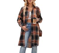 Zontroldy Damen Mid Long Casual Button Down Lange Flanell Shirts Plaid Shacket Jacke mit Taschen, 01 Khaki, XL