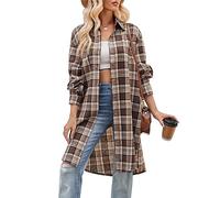 Zontroldy Damen Mid Long Casual Button Down Lange Flanell Shirts Plaid Shacket Jacke mit Taschen, 01 Kaffee, L