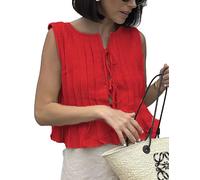 Zontroldy Damen-Shirts aus Leinen, zum Binden, ärmellos, Y2K, Babydoll-Rüschen, Tank-Top, ästhetische Kleidung, Rot/Ausflug, einfarbig (Getaway Solids), Mittel