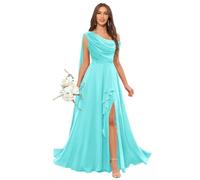ZOOYYUE Abendkleid Damen,Damen Chiffon Eine Schulter Brautjungfernkleider Lang Seitlicher Schlitz Mit Plissierten Rüschen Formelles Abendkleider Türkis 38