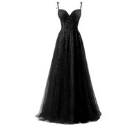 ZOOYYUE Abendkleid Damen Lang,Damen Spaghettiträger Tüll Ballkleider Lang Spitzenapplikationen Abendkleid A-Linie Abschlussballkleider Mit Schlitz Schwarz 58