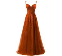 ZOOYYUE Abendkleid Damen Lang,Damen Spaghettiträger Tüll Ballkleider Lang Spitzenapplikationen Abendkleid A-Linie Abschlussballkleider Mit Schlitz Gebranntes Orange 48