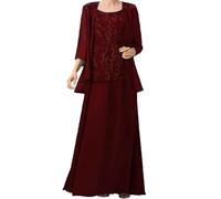 ZOOYYUE Abendkleid Große Größen,Damen Chiffon Spitzenapplikationen 2 Teiler Brautmutterkleider Für Hochzeit Mit Jacken 3/4-Ärmel Brautmutter Lang Abendkleider Burgund 54