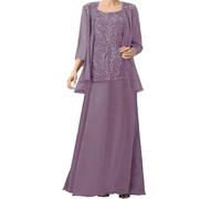 ZOOYYUE Abendkleid Große Größen,Damen Chiffon Spitzenapplikationen 2 Teiler Brautmutterkleider Für Hochzeit Mit Jacken 3/4-Ärmel Brautmutter Lang Abendkleider Lila 56