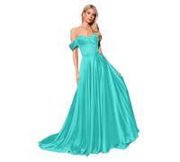 ZOOYYUE Abendkleid Lang,Damen Perlen Korsett Glitzer Ballkleider Lang Schulterfrei Satin Abendkleider Elegant Für Hochzeit Mit Schlitz Türkis 38