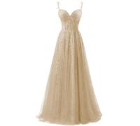 ZOOYYUE Abendkleid Lang,Damen Spaghettiträger Tüll Ballkleider Lang Spitzenapplikationen Abendkleid A-Linie Abschlussballkleider Mit Schlitz Champagner 36