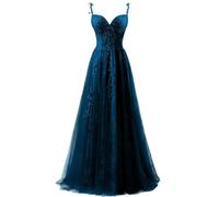 ZOOYYUE Abendkleid Lang Elegant,Damen Spaghettiträger Tüll Ballkleider Lang Spitzenapplikationen Abendkleid A-Linie Abschlussballkleider Mit Schlitz Blau A 52