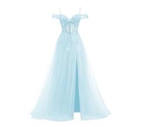 ZOOYYUE Abendkleid Lang Elegant,Spaghettiträger Tüll Ballkleider Damen Schulterfrei Lang Abendkleider Perlen Spitzenapplikationen Abschlussballkleider Mit Schlitz Himmelblau 46