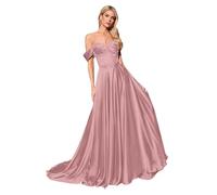 ZOOYYUE Abendkleid Schwarz,Damen Perlen Korsett Glitzer Ballkleider Lang Schulterfrei Satin Abendkleider Elegant Für Hochzeit Mit Schlitz Staubige Rose 44