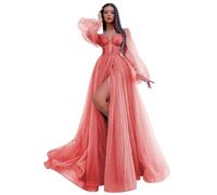 ZOOYYUE Abendkleider Elegant,Damen Tüll Schulterfrei Abendkleider Lang Glitzer Langarm Ballkleider A Line Kleid Für Hochzeit Mit Schlitz Koralle 58